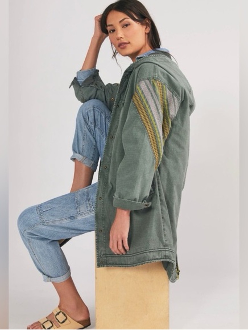 Anthropologie Olive Green Hooded Utility Jacket with Striped Sleeve Accent